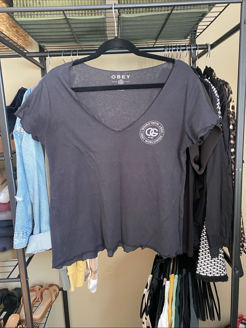 Obey Black V-Neck Logo Crop Tee